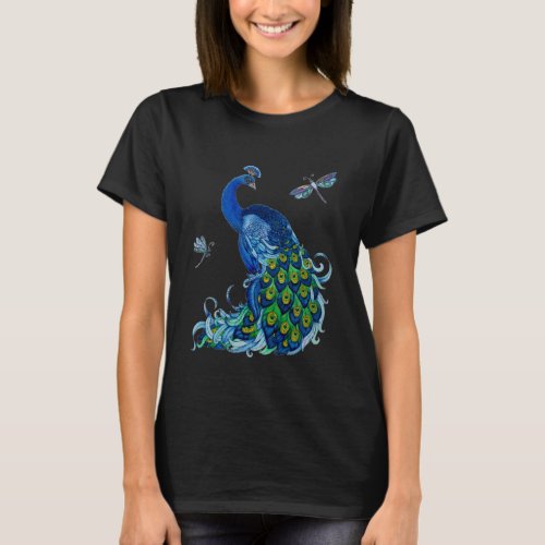 Classic Peacock and Dragonfly Design T_Shirt