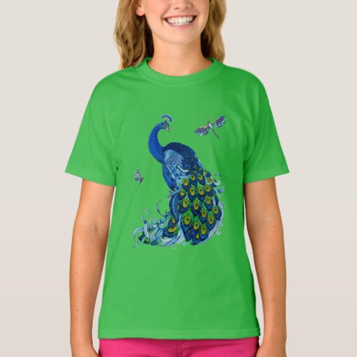 Classic Peacock and Dragonfly Design T_Shirt