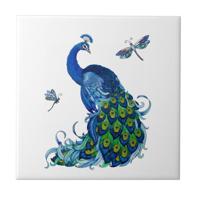 Classic Peacock and Dragonfly Design Tile (Front)