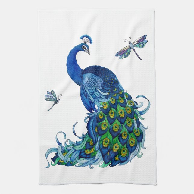 Classic Peacock and Dragonfly Design Towel (Vertical)