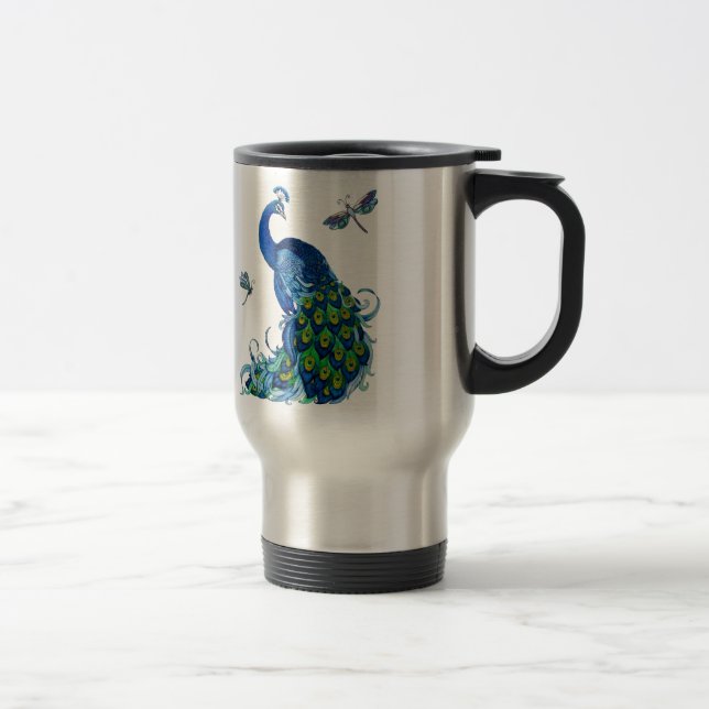 Classic Peacock and Dragonfly Design Travel Mug (Right)