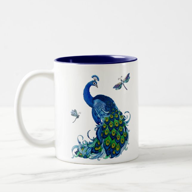 Classic Peacock and Dragonfly Design Two-Tone Coffee Mug (Left)