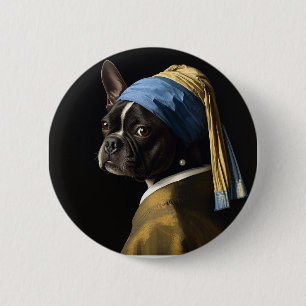 Classic Pearl Portrait–Inspired Black Pug Art Button