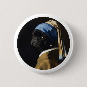 Classic Pearl Portrait–Inspired Black Pug Art Button