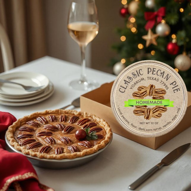 CLASSIC PECAN PIE Grunge Font Kraft Brown Round Sticker (Creator Uploaded)