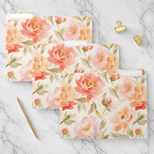 Classic Peony Floral Pattern Coral Pink File Folder