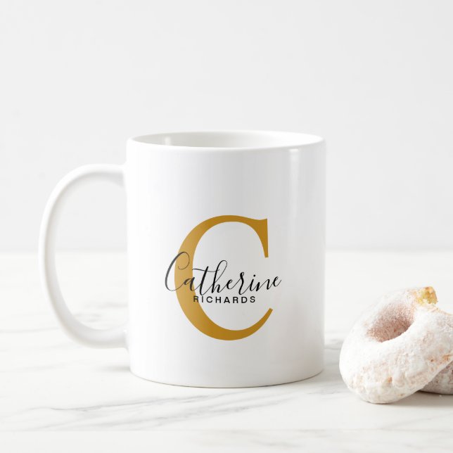Classic Personalized Dark Yellow Monogram Mug (With Donut)