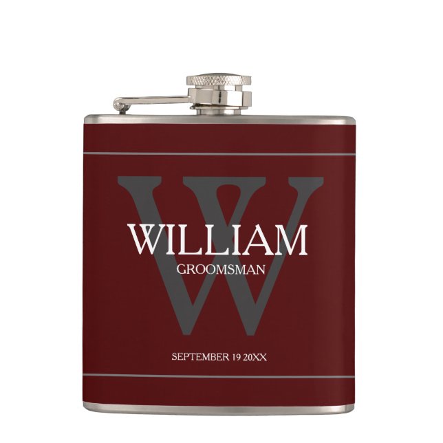 Classic Personalized Groomsman Gift Burgundy Flask (Front)