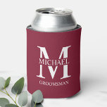 Classic Personalized Groomsman Monogram and Name Can Cooler<br><div class="desc">Classic Personalized Groomsman Gifts
featuring personalized groomsman's monogram,  name and title in white classic serif font style on burgundy red background.

Also perfect for Best Man,  Father of the Bride and more.</div>