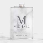 Classic Personalized Groomsman Monogram and Name Flask<br><div class="desc">Classic Personalized Groomsman Gifts featuring personalized monogram, groomsman's name and title in grey classic serif font style on white marble background. Also perfect for best man, father of the bride and more. Please note: The marble details are simulated in the artwork. No actual marble will be used in the making...</div>