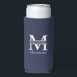 Classic Personalized Groomsman Monogram and Name Seltzer Can Cooler<br><div class="desc">Classic Personalized Groomsman Gifts
featuring personalized groomsman's monogram,  name and title in white classic serif font style on navy blue background.

Also perfect for Best Man,  Father of the Bride and more.</div>
