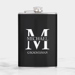 Classic Personalized Groomsman Name Flask<br><div class="desc">Classic Personalized Groomsman Gifts
featuring personalized groomsman's monogram and name,  with title in white classic serif font style on black background.

Also perfect for Best Man,  Father of the Bride and more.</div>