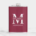 Classic Personalized Groomsman Name Flask<br><div class="desc">Classic Personalized Groomsman Gifts
featuring personalized groomsman's monogram and name,  with title in white classic serif font style on burgundy red background.

Also perfect for Best Man,  Father of the Bride and more.</div>