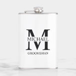 Classic Personalized Groomsman Name Flask<br><div class="desc">Classic Personalized Groomsman Gifts
featuring personalized groomsman's monogram and name,  with title in black classic serif font style on white background.

Also perfect for Best Man,  Father of the Bride and more.</div>