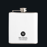 Classic Personalized Groomsmen Monogram and Name Flask<br><div class="desc">Add a personal touch to your wedding with a customized groomsmen gift! This stylish gift features a white background with an initial inside a black circle. The name and title are written in a classic black serif font. A meaningful keepsake, this thoughtful gift is also perfect for your best man,...</div>