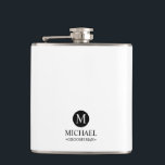 Classic Personalized Groomsmen Monogram and Name Flask<br><div class="desc">Add a personal touch to your wedding with a customized groomsmen gift! This stylish gift features a white background with an initial inside a black circle. The name and title are written in a classic black serif font. A meaningful keepsake, this thoughtful gift is also perfect for your best man,...</div>