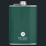 Classic Personalized Groomsmen Monogram and Name Flask<br><div class="desc">Add a personal touch to your wedding with a customized groomsmen gift! This stylish gift features an emerald green background with an initial inside a white circle. The name and title are written in a classic white serif font. A meaningful keepsake, this thoughtful gift is also perfect for your best...</div>
