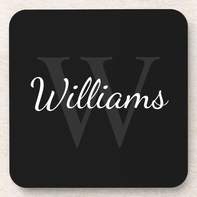 Classic Personalized Monogram and Name Black Beverage Coaster (Front)