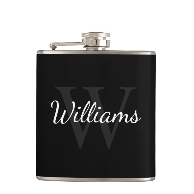 Classic Personalized Monogram and Name Black Flask (Front)