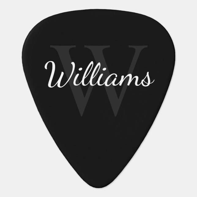 Classic Personalized Monogram and Name Black Guitar Pick (Front)