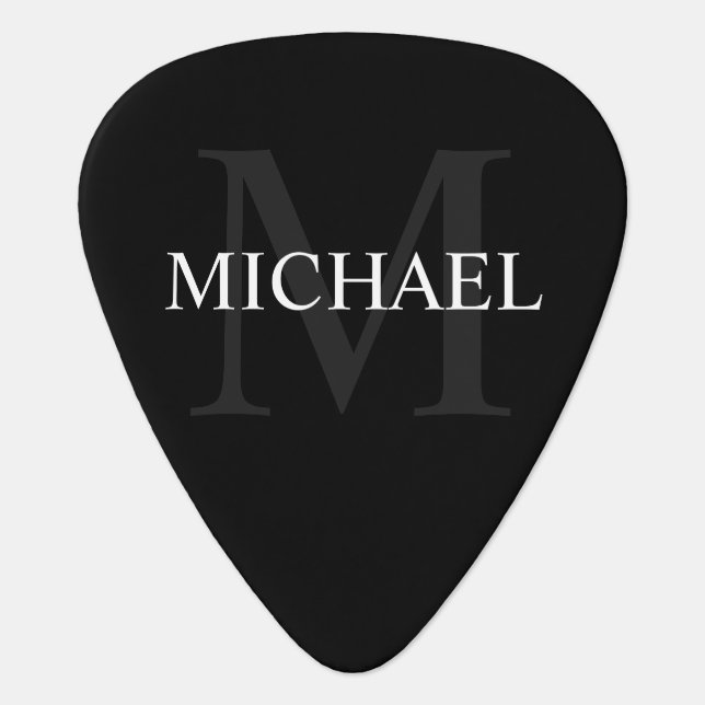 Classic Personalized Monogram and Name Black Guitar Pick (Front)