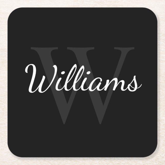 Classic Personalized Monogram and Name Black Square Paper Coaster (Front)