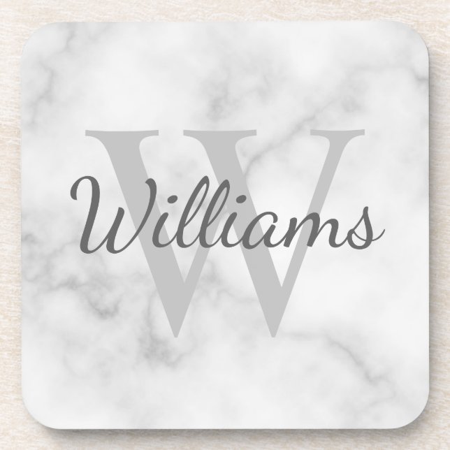 Classic Personalized Monogram and Name Marble Look Beverage Coaster (Front)