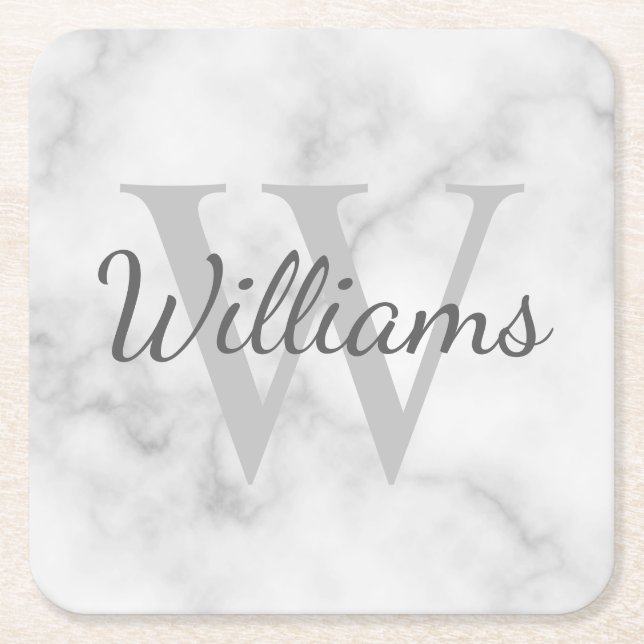 Classic Personalized Monogram and Name Marble Look Square Paper Coaster (Front)