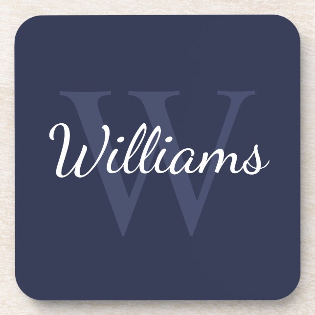Classic Personalized Monogram and Name Navy Blue Beverage Coaster (Front)