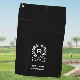 Classic Personalized Monogram Wreath Black Golf Towel