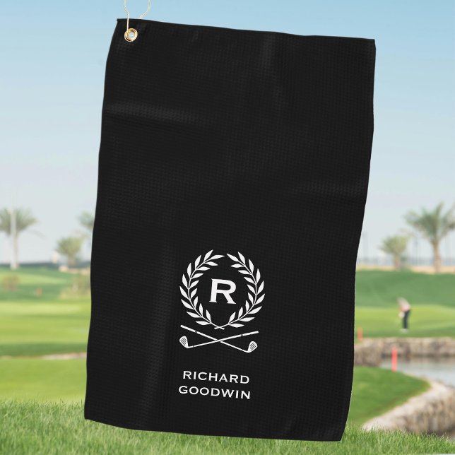 Classic Personalized Monogram Wreath Black Golf Towel (Creator Uploaded)