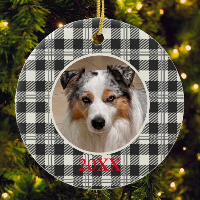 Classic Pet Photo Dark Gray Buffalo Plaid Art Ceramic Ornament (Buffalo Plaid Dark Gray and Buttercream Photo Date Ceramic Ornament)