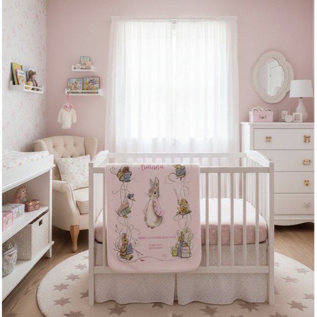 Classic Peter Rabbit Pink Birth Stats Baby Blanket (Creator Uploaded)