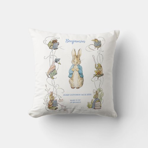 Classic Peter the Rabbit Green Gingham Birth Stats Throw Pillow