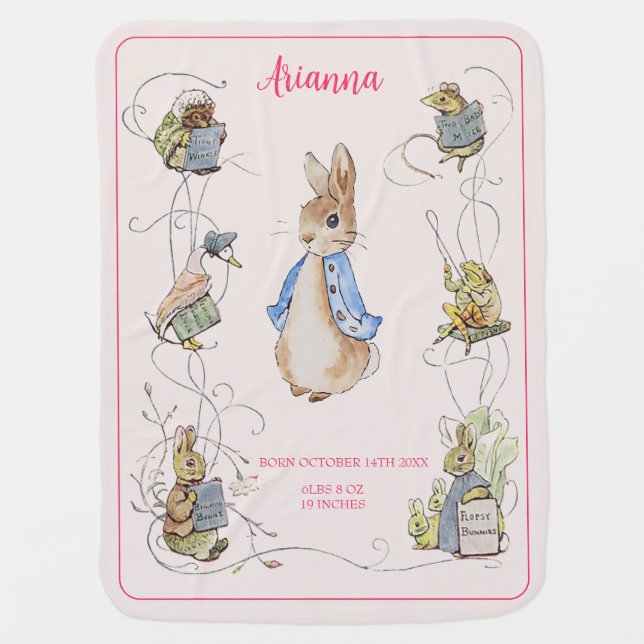 Classic Peter the Rabbit Personalized Birth Stats  Baby Blanket (Front)