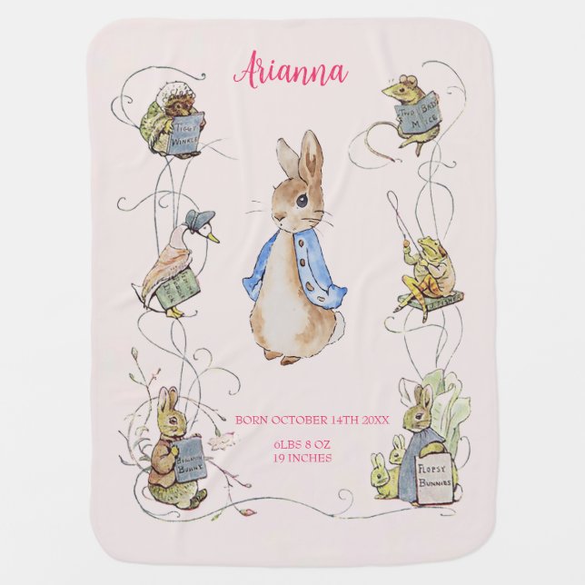 Classic Peter the Rabbit Personalized Birth Stats Baby Blanket (Front)