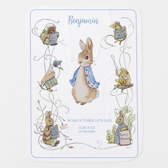 Classic Peter the Rabbit Personalized Birth Stats Baby Blanket (Front)
