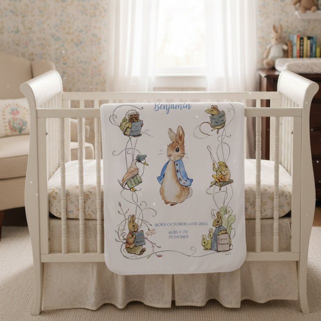 Classic Peter the Rabbit Personalized Birth Stats Baby Blanket (Creator Uploaded)