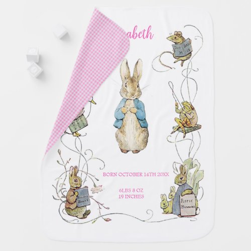 Classic Peter the Rabbit Pink Gingham Birth Stats Baby Blanket