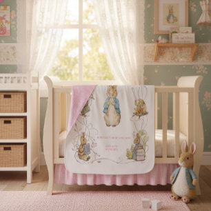 Classic Peter the Rabbit Pink Gingham Birth Stats Baby Blanket