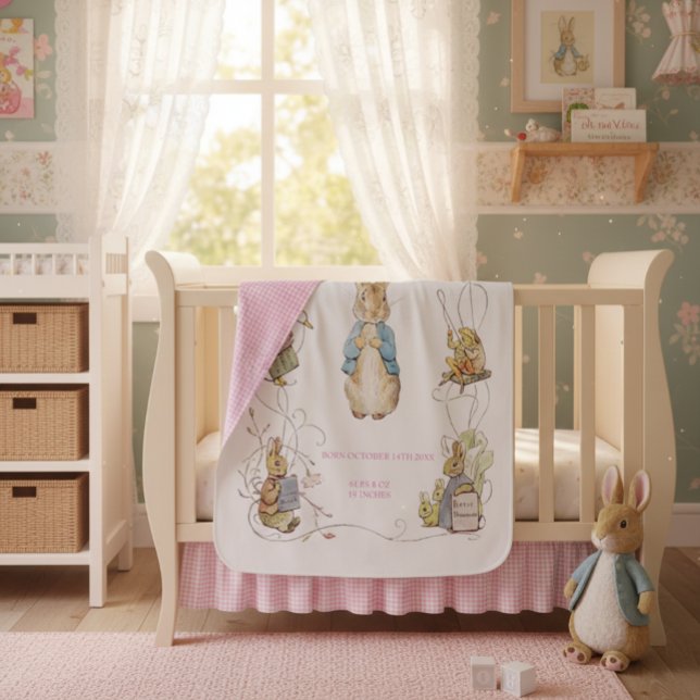 Classic Peter the Rabbit Pink Gingham Birth Stats Baby Blanket (Creator Uploaded)