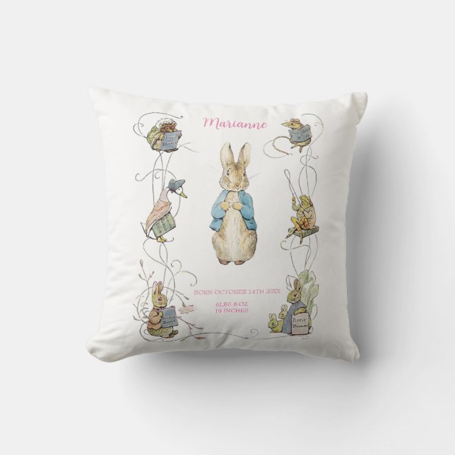 Classic Peter the Rabbit Pink Gingham Birth Stats Throw Pillow (Front)