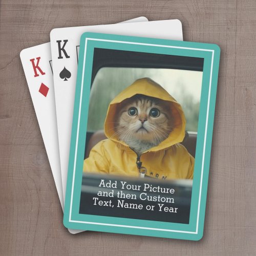 Classic Photo and Text With Teal Border Poker Cards