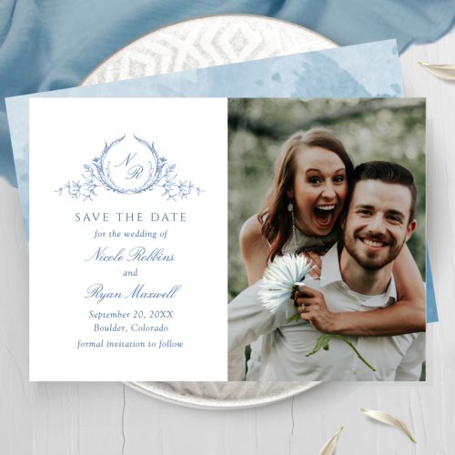 Classic Photo Blue Monogram Wedding Save The Date