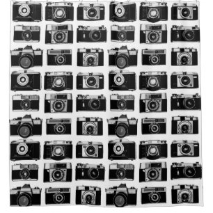 CLASSIC PHOTO CAMERAS PATTERN IN BLACK AND WHITE SHOWER CURTAIN