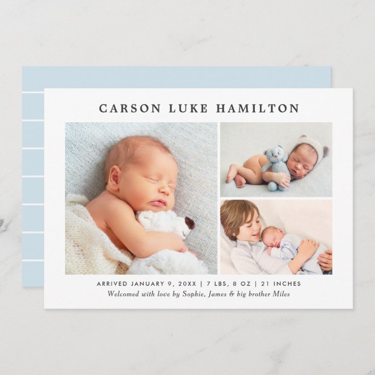 Classic Photo Collage Blue Handsome Baby Boy Birth Announcement Zazzle