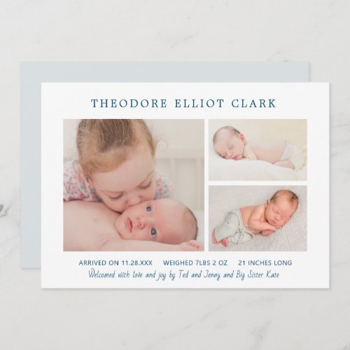 Classic Photo Collage Blue Handsome Boy Birth Announcement