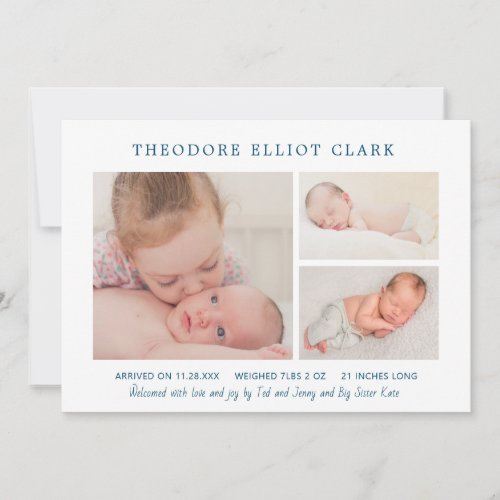 Classic Photo Collage Blue Handsome Boy Birth Announcement