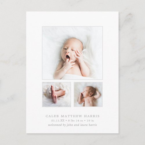 Classic Photo Collage Gray Baby Boy Birth Announcement Postcard