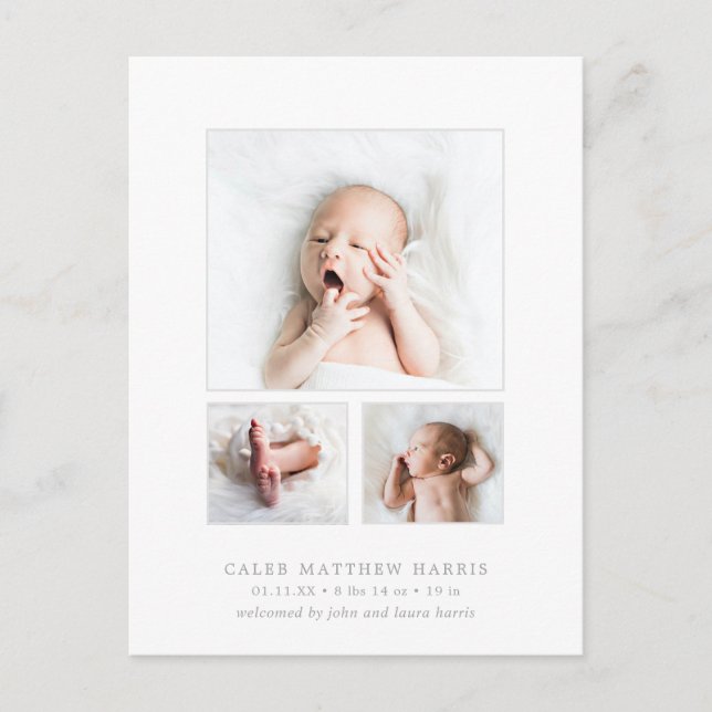 Classic Photo Collage Gray Baby Boy Birth Announcement Postcard (Front)
